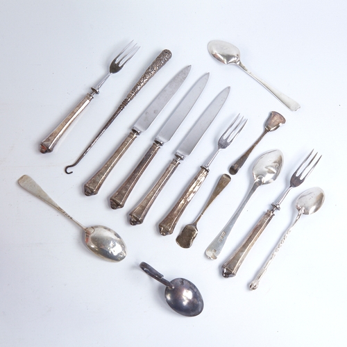 1310 - Various silver cutlery, including Georgian and Victorian teaspoons, 3-place setting of silver-handle... 