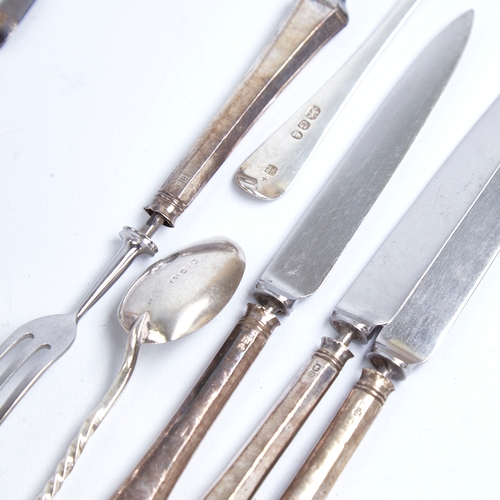 1310 - Various silver cutlery, including Georgian and Victorian teaspoons, 3-place setting of silver-handle... 