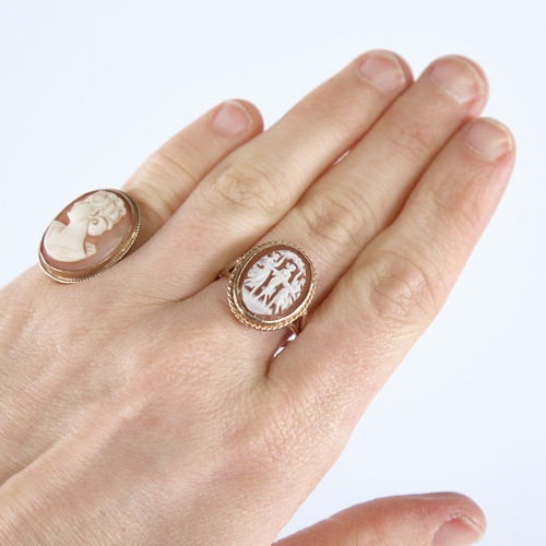 1311 - 2 Vintage 9ct gold relief carved shell cameo rings, depicting the Three Graces and female profile, s... 