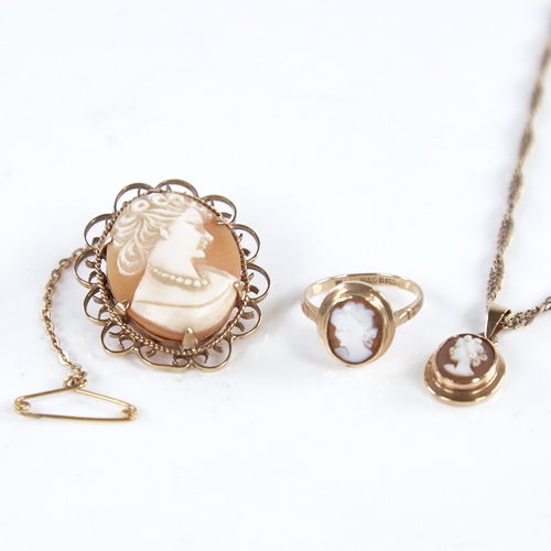 1312 - A Vintage 9ct gold relief carved shell cameo demi-parure, comprising ring, brooch and pendant neckla... 