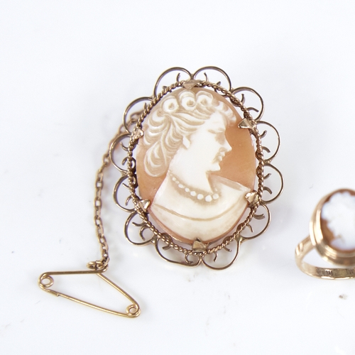 1312 - A Vintage 9ct gold relief carved shell cameo demi-parure, comprising ring, brooch and pendant neckla... 