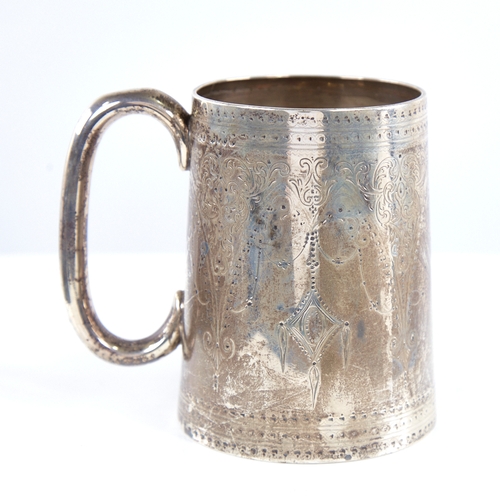 1314 - A Victorian silver pint tankard/mug, tapered cylindrical form with C-shaped handle, with engraved Ad... 