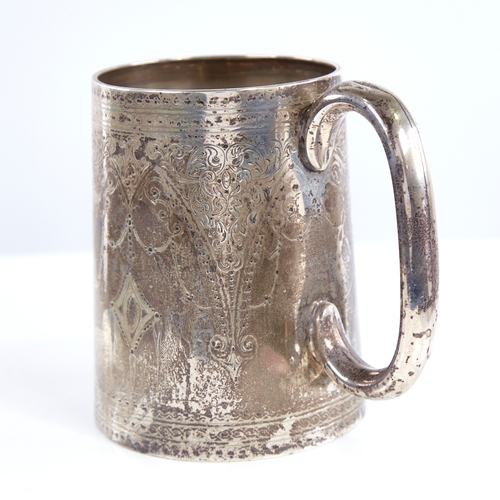 1314 - A Victorian silver pint tankard/mug, tapered cylindrical form with C-shaped handle, with engraved Ad... 