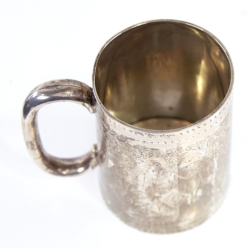 1314 - A Victorian silver pint tankard/mug, tapered cylindrical form with C-shaped handle, with engraved Ad... 