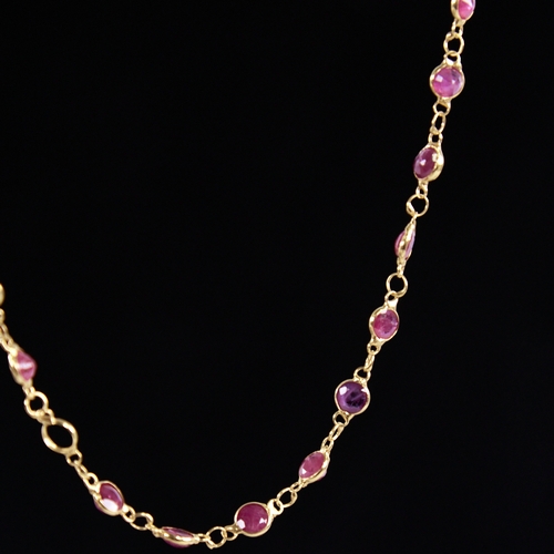 1316 - A modern handmade unmarked high carat gold ruby line necklace, set with round-cut rubies, necklace l... 