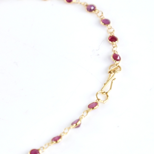 1316 - A modern handmade unmarked high carat gold ruby line necklace, set with round-cut rubies, necklace l... 