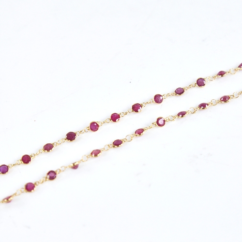 1316 - A modern handmade unmarked high carat gold ruby line necklace, set with round-cut rubies, necklace l... 