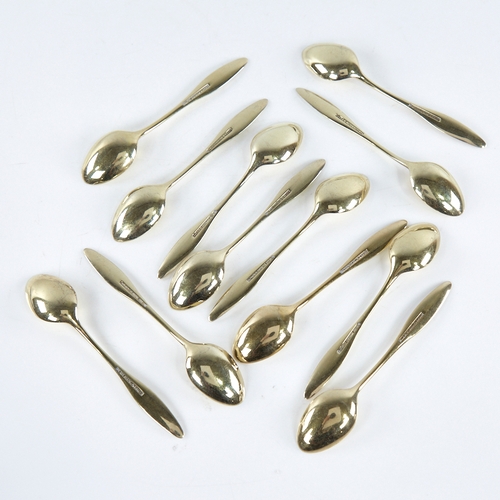 1322 - FRIGAST - a set of 12 Vintage Danish vermeil sterling silver and white enamel coffee spoons, spoon l... 