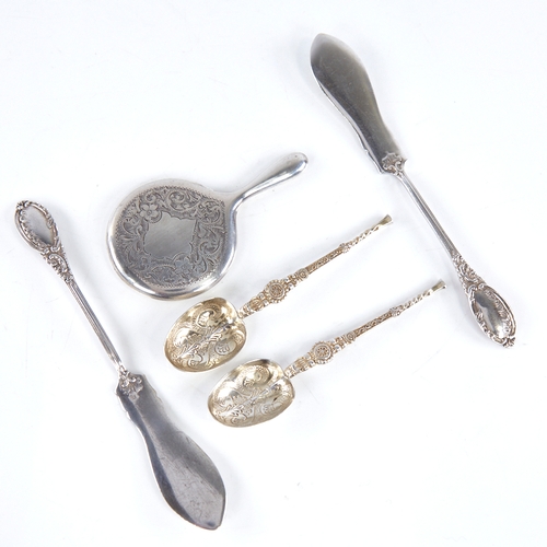 1324 - Various silver, including a miniature engraved silver hand mirror by Adie & Lovekin Ltd, hallmarks C... 