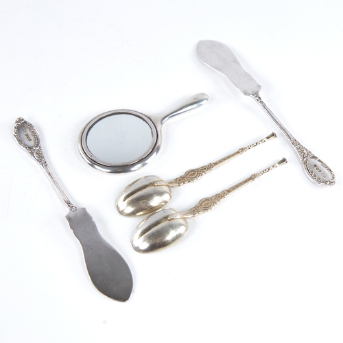 1324 - Various silver, including a miniature engraved silver hand mirror by Adie & Lovekin Ltd, hallmarks C... 