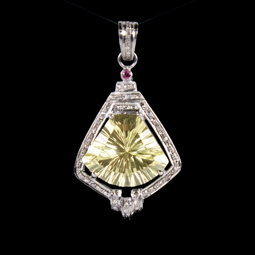 1331 - A modern unmarked silver citrine diamond and ruby pendant, set with 15ct fantasy-cut citrine rose-cu... 