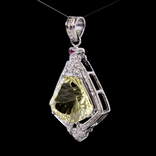 1331 - A modern unmarked silver citrine diamond and ruby pendant, set with 15ct fantasy-cut citrine rose-cu... 