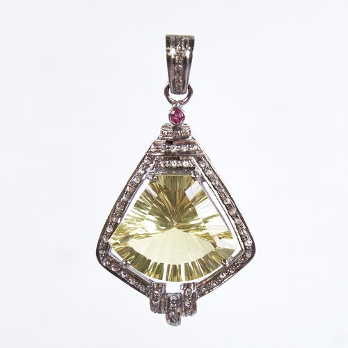 1331 - A modern unmarked silver citrine diamond and ruby pendant, set with 15ct fantasy-cut citrine rose-cu... 