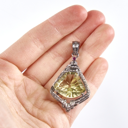 1331 - A modern unmarked silver citrine diamond and ruby pendant, set with 15ct fantasy-cut citrine rose-cu... 