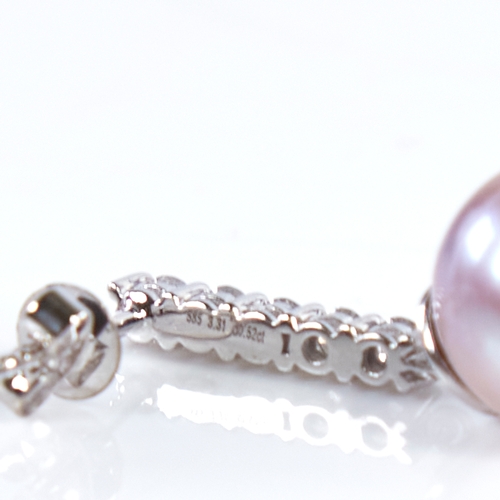 1332 - A modern pair of 14ct white gold pink South Sea pearl and diamond line earrings, total diamond conte... 