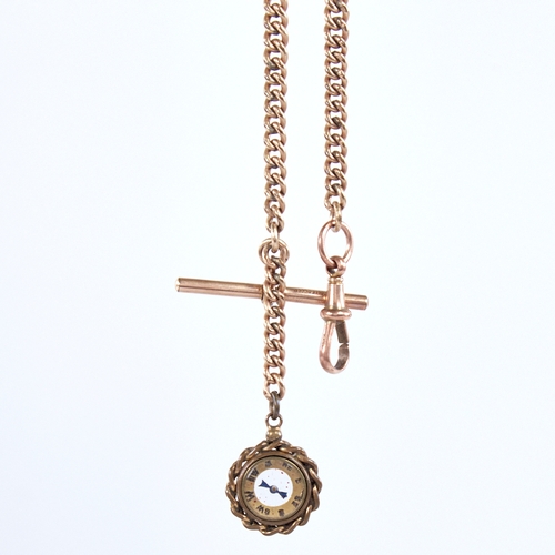 1340 - A 12ct rolled gold Albert chain, graduated curb links with T-bar, 9ct gold dog clip, and compass fob... 