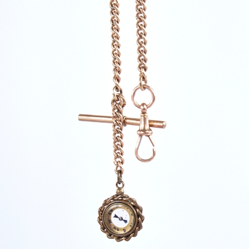 1340 - A 12ct rolled gold Albert chain, graduated curb links with T-bar, 9ct gold dog clip, and compass fob... 