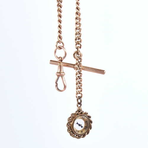 1340 - A 12ct rolled gold Albert chain, graduated curb links with T-bar, 9ct gold dog clip, and compass fob... 