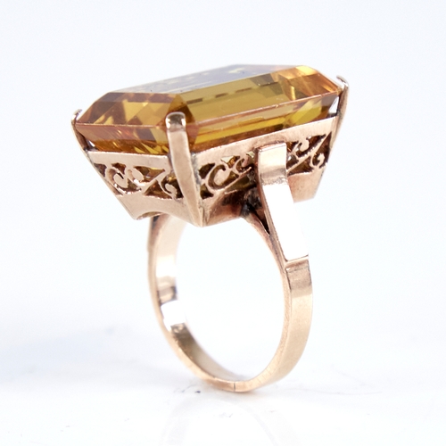 1347 - A large late 20th century 14ct gold yellow sapphire? dress ring, sapphire dimensions: length - 21.06... 