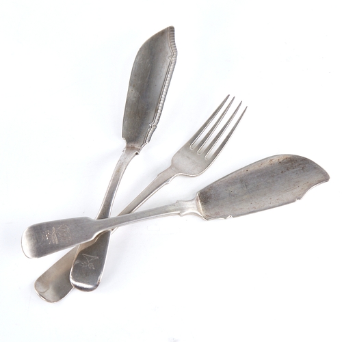 1348 - A Georgian Irish silver Fiddle pattern fork and fish knife, hallmarks Dublin 1824 and 1837, and anot... 