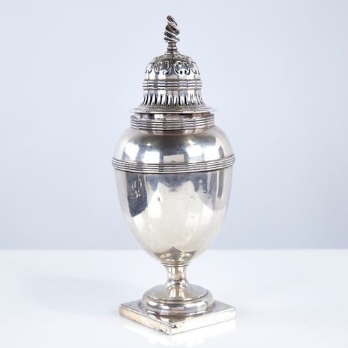 1349 - An Edwardian silver sugar caster, ovoid urn form with pierced dome cover and flame finial, by Lamber... 