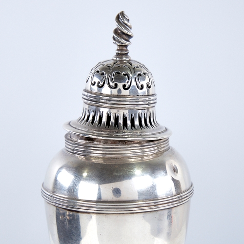 1349 - An Edwardian silver sugar caster, ovoid urn form with pierced dome cover and flame finial, by Lamber... 