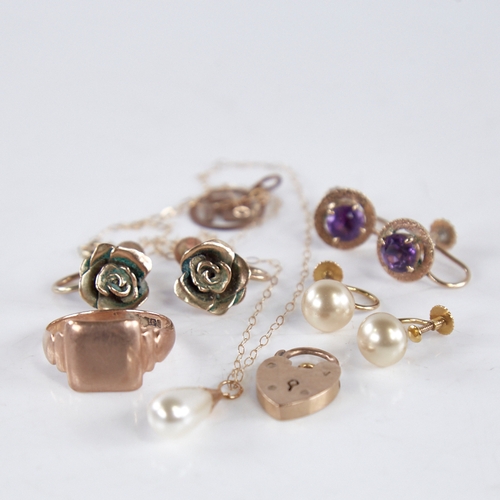 1357 - Various gold jewellery, including 9ct signet ring, 9ct heart padlock, pair of amethyst screw-back ea... 