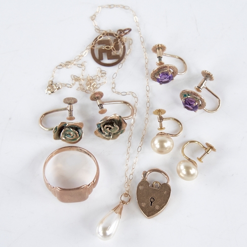 1357 - Various gold jewellery, including 9ct signet ring, 9ct heart padlock, pair of amethyst screw-back ea... 