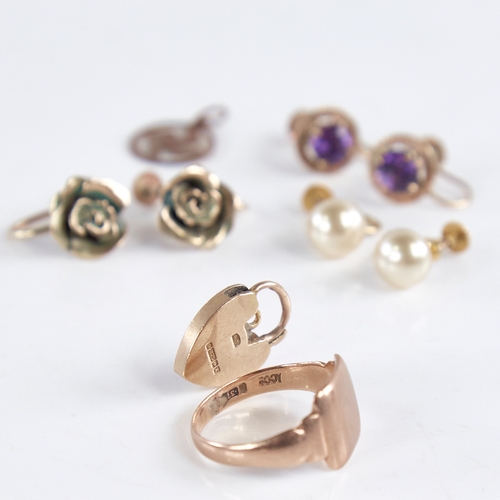 1357 - Various gold jewellery, including 9ct signet ring, 9ct heart padlock, pair of amethyst screw-back ea... 