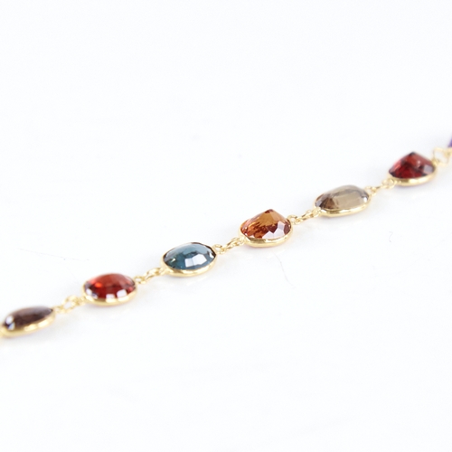 1359 - A modern handmade 14ct gold gem set line bracelet, gem stones include amethyst garnet citrine topaz ... 