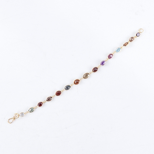 1359 - A modern handmade 14ct gold gem set line bracelet, gem stones include amethyst garnet citrine topaz ... 