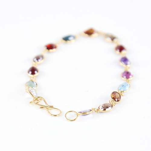 1359 - A modern handmade 14ct gold gem set line bracelet, gem stones include amethyst garnet citrine topaz ... 