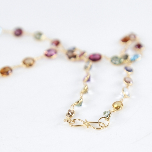 1360 - A modern handmade 14ct gold graduated gem set line necklace, gemstones include amethyst citrine smok... 