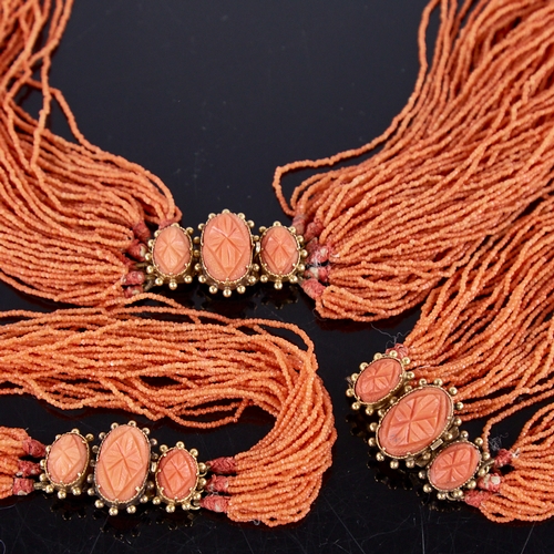 1361 - A fine early Victorian multi-strand coral demi-parure, comprising necklace and pair of bracelets fea... 