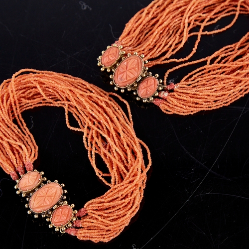 1361 - A fine early Victorian multi-strand coral demi-parure, comprising necklace and pair of bracelets fea... 