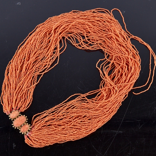 1361 - A fine early Victorian multi-strand coral demi-parure, comprising necklace and pair of bracelets fea... 