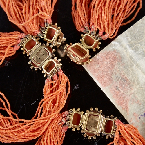 1361 - A fine early Victorian multi-strand coral demi-parure, comprising necklace and pair of bracelets fea... 