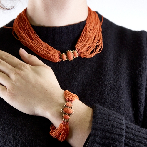 1361 - A fine early Victorian multi-strand coral demi-parure, comprising necklace and pair of bracelets fea... 