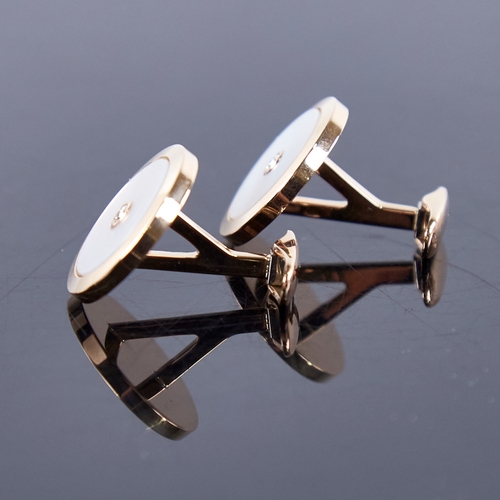 1362 - A modern pair of 18ct gold mother-of-pearl and diamond target panel cufflinks, total diamond content... 