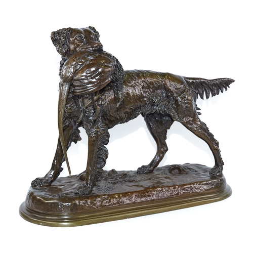 309 - Jules Moigniez (1835 - 1894), patinated bronze sculpture, Gundog and pheasant, signed on base, base ... 