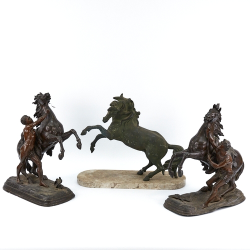 311 - A pair of 19th century bronze patinated spelter Marley Horse ornaments, height 32cm, and a spelter r... 