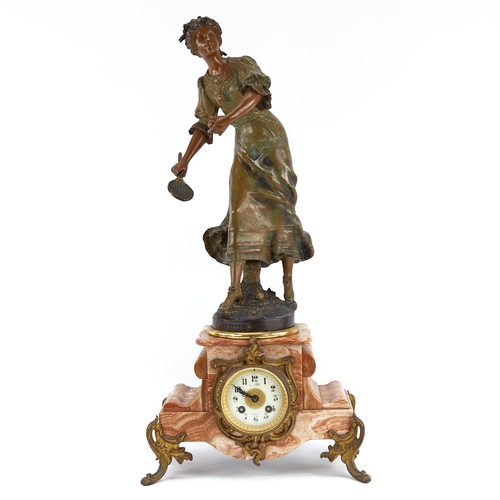 312 - A French coloured marble-cased mantel clock, circa 1910, surmounted by a figure of a lady tennis pla... 