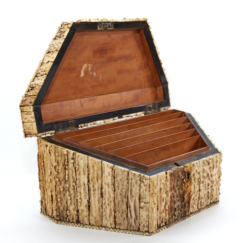 323 - A Victorian staghorn-covered stationery box of tapered form, width 25cm, height 13cm