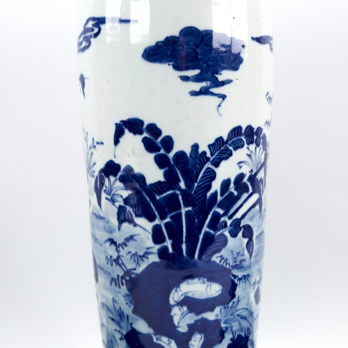 325 - A Chinese blue and white porcelain sleeve vase with hand painted figures, height 46cm, rim diameter ... 