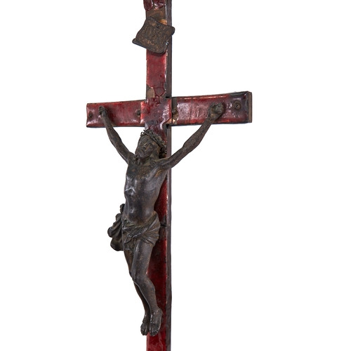 342 - A 19th century cast-iron and enamel crucifix, height 61cm