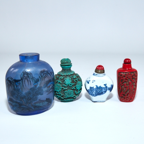 345 - A Peking blue glass snuff bottle, internally painted decoration, height 8.5cm, and 3 other Chinese s... 