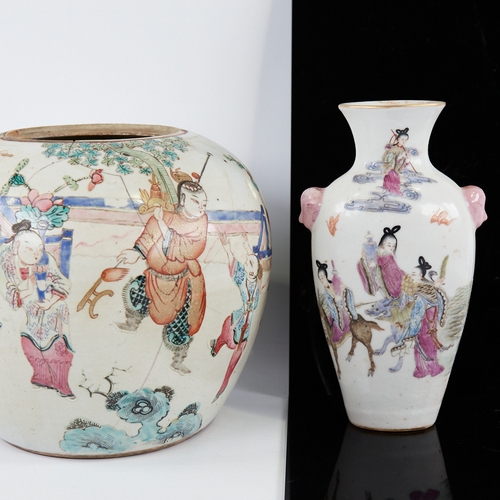 356 - A Chinese porcelain jar with painted figures, height 20cm, and a porcelain vase with painted design ... 