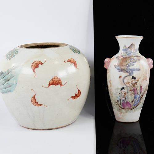 356 - A Chinese porcelain jar with painted figures, height 20cm, and a porcelain vase with painted design ... 