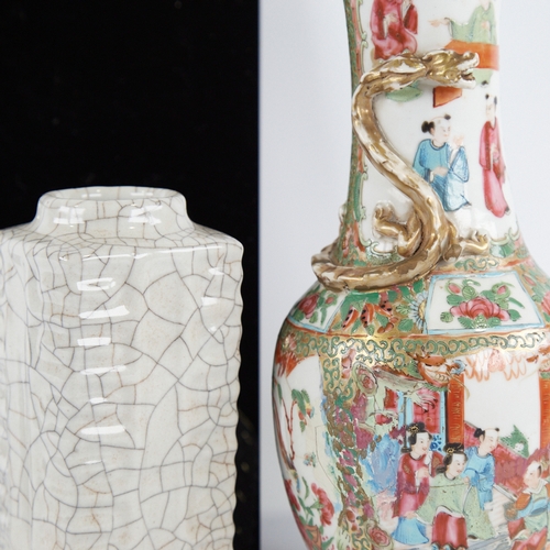 364 - A Chinese crackle-glaze square-section porcelain vase, height 18cm, and a Canton porcelain vase with... 