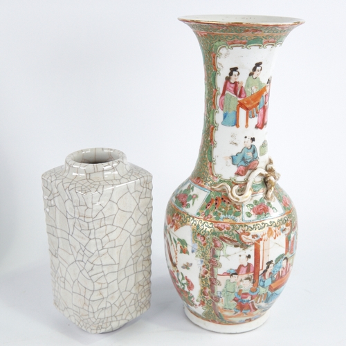 364 - A Chinese crackle-glaze square-section porcelain vase, height 18cm, and a Canton porcelain vase with... 